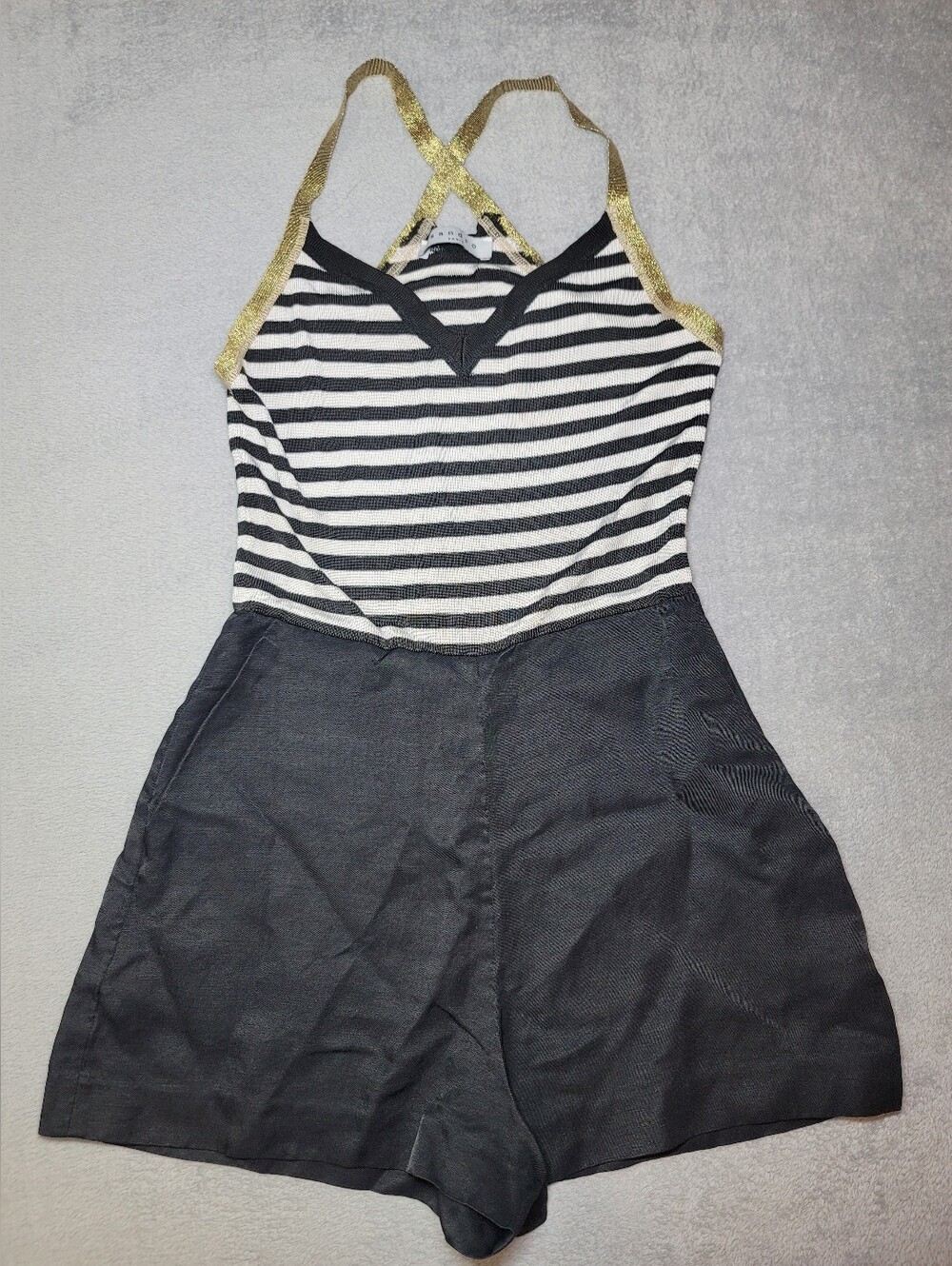 Sandro Paris Striped Halter Romper Gold Metallic Straps Linen Blend Size 1 XS